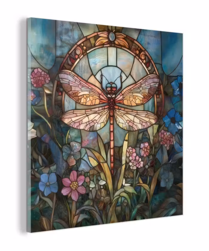 Glas schilderij - Libelle - Mozaïek - Bloemen - Kleurrijk