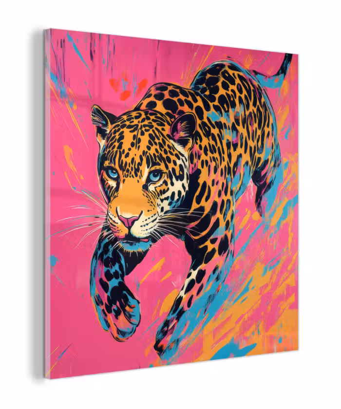 Glas schilderij - Luipaard - Roze - Oranje - Blauw - Verf