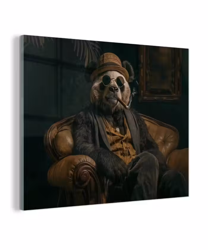 Glas schilderij - Panda - Hoed - Bril - Pak