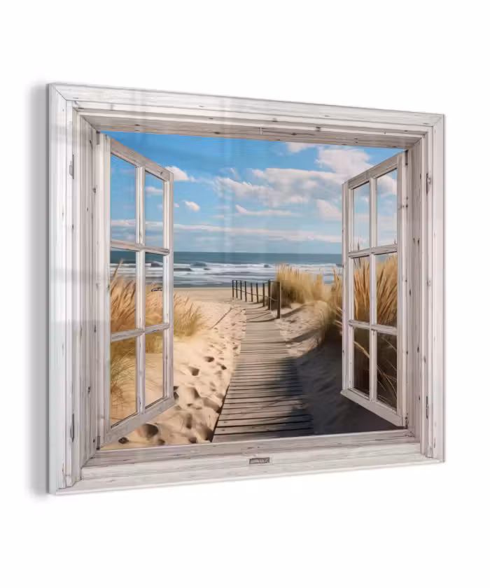 Glas schilderij - Raam - Zee - Kust - Natuur - Doorkijk - Strand - Waddenzee