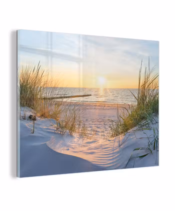Glas schilderij - Strand - Zon - Duin - Gras - Zand - Horizon