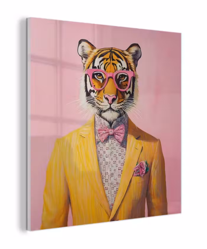 Glas schilderij - Tijger - Bril - Geel - Jasje