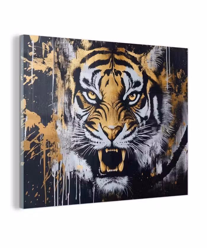 Glas schilderij - Tijger - Verfspatten - Goud