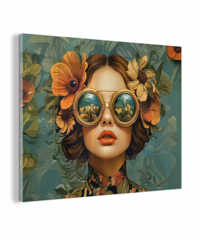 Glas schilderij - Vrouw - Bloemen - Vlinders - Natuur - Vintage