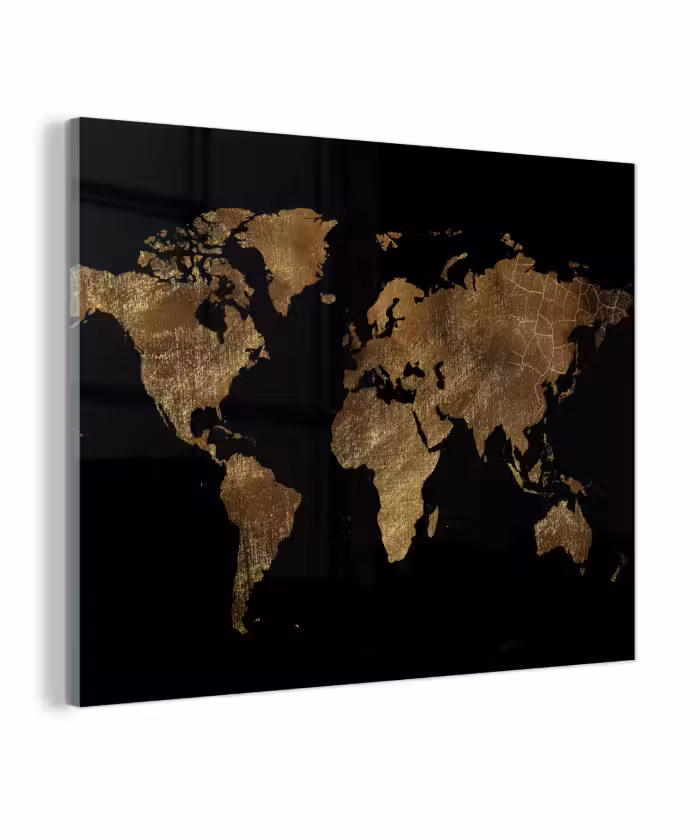 Glas schilderij - Wereldkaart - Goud - Luxe - Aarde - Zwart