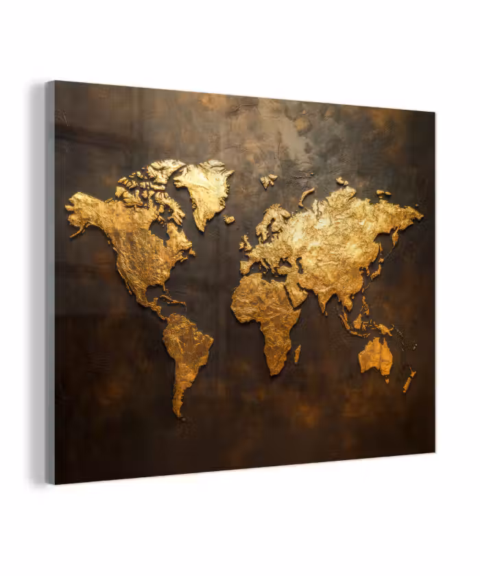 Glas schilderij - Wereldkaart - Goud - Roest