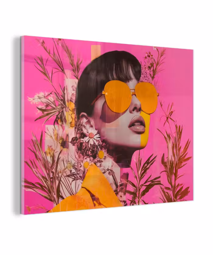 Glas schilderij - Zonnebril - Oranje - Vrouw - Planten