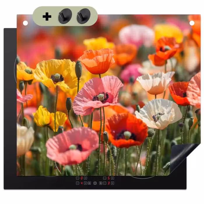 Inductie beschermer en spatscherm (2in1) - Bloemenveld - Klaprozen - Kleurrijk