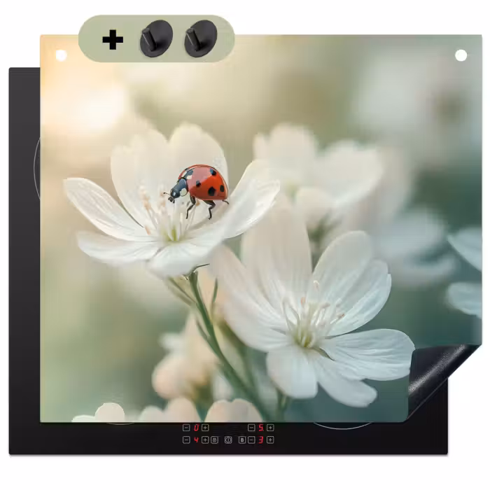 Inductie beschermer en spatscherm (2in1) - Lieveheersbeestje - Bloemen - Wit