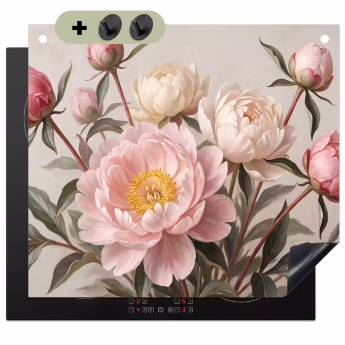 Inductie beschermer en spatscherm (2in1) - Pioenrozen - Boeket - Roze