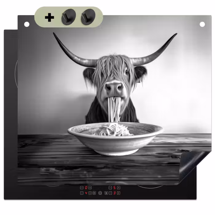 Inductie beschermer en spatscherm (2in1) - Schotse Hooglander - Spaghetti - Dieren - Zwart wit
