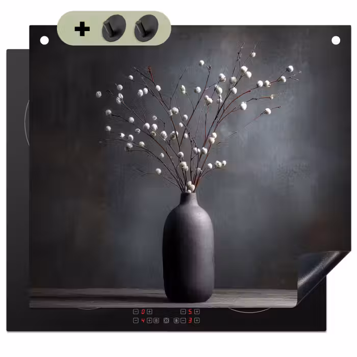 Inductie beschermer en spatscherm (2in1) - Takken - Vaas - Bolletjes - Wit
