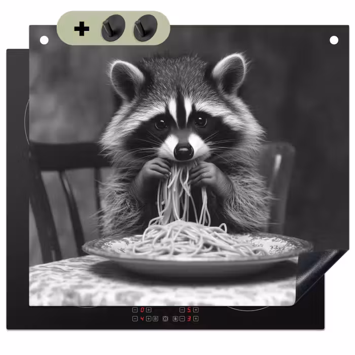 Inductie beschermer en spatscherm (2in1) - Wasbeer - Cute - Pasta - Tafelkleed - Zwart - Wit