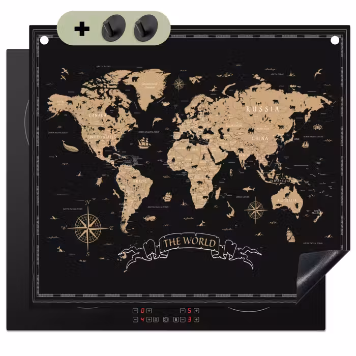 Inductie beschermer en spatscherm (2in1) - Wereldkaart - Beige - Zwart
