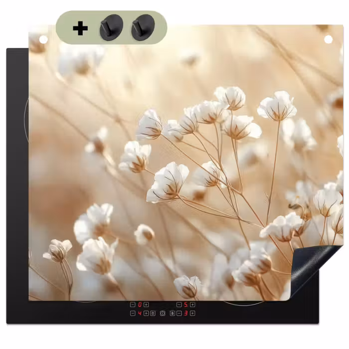 Inductie beschermer en spatscherm (2in1) - Wilde - Bloemen - Wit