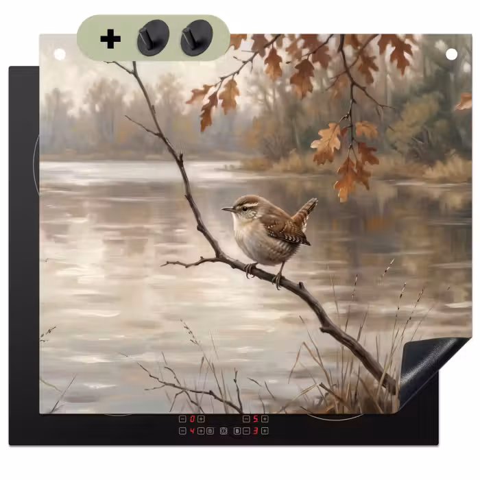 Inductie beschermer en spatscherm (2in1) - Winterkoninkje - Tak - Rivier - Natuur - Sfeervol