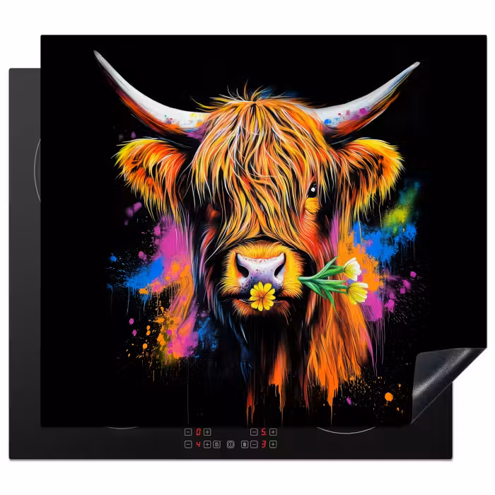 Inductie beschermer - Schotse Hooglander - Graffiti - Kleurrijk - Bloem - Dieren