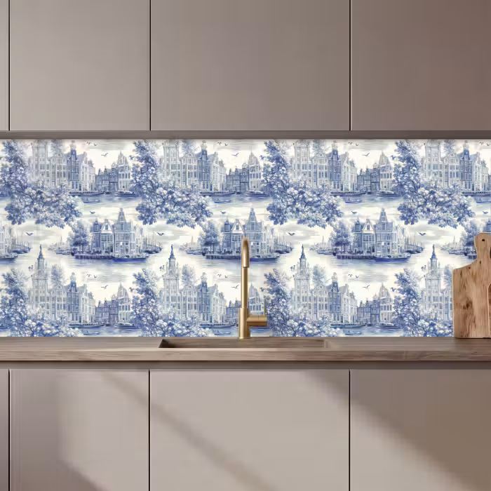 Keuken achterwand - Huizen - Bomen - Water - Vogels - Blauw