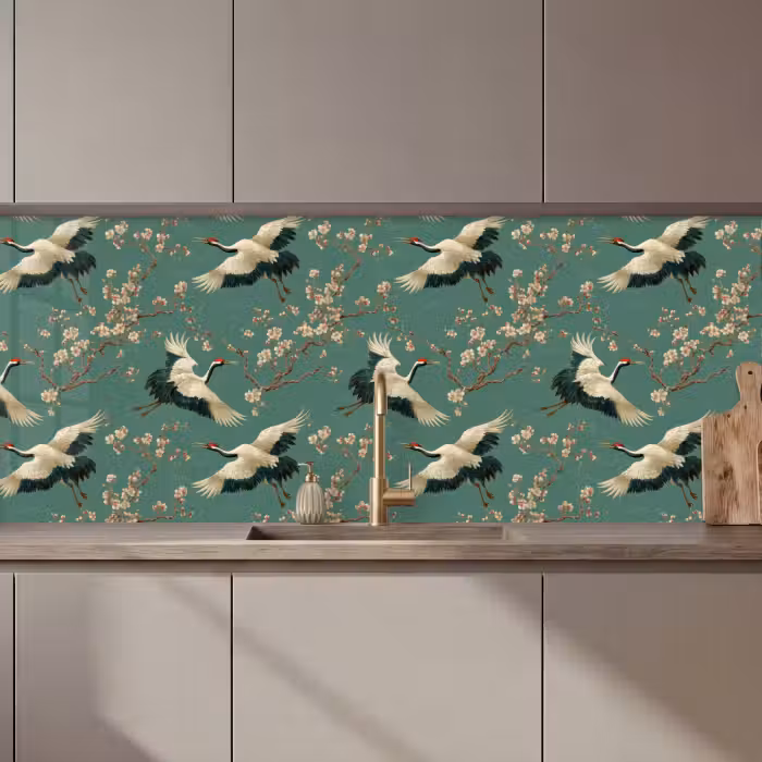 Keuken achterwand - Kersenbloesem - Kraamvogels - Groen