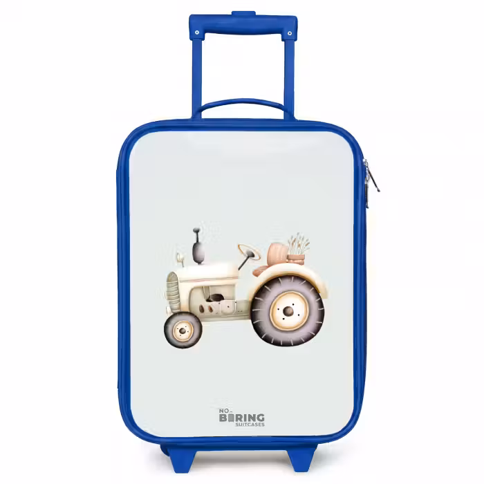 Kinderkoffer - Blauw - Beige vintage tractor in pastel groene kleuren