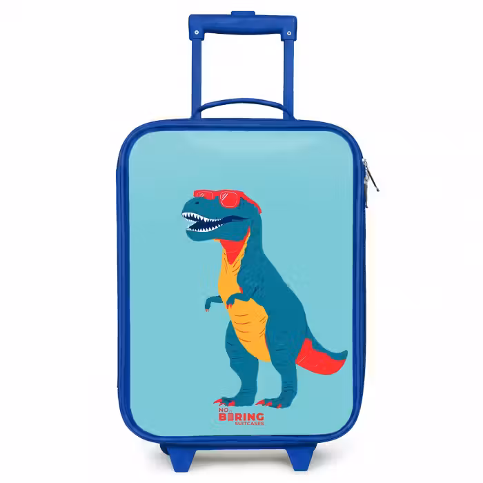 Kinderkoffer - Blauw - Coole T. rex met zonnebril