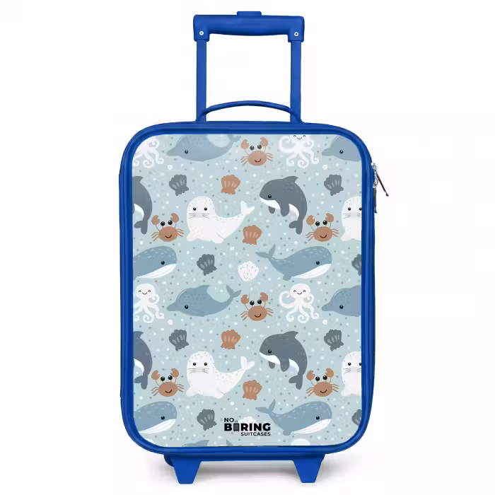 Kinderkoffer - Blauw - Zeedierenpatroon met dolfijnen, zeehonden en krabben
