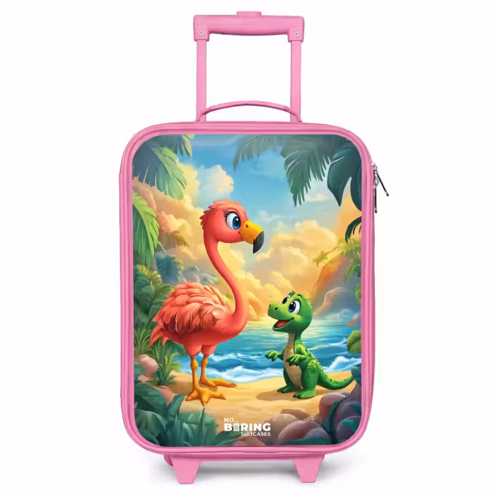 Kinderkoffer - Roze - Flamingo en dinosaurus op strand bij ondergaande zon