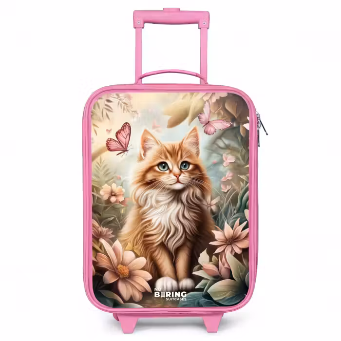 Kinderkoffer - Roze - Kat in bloemenveld met roze vlinders.
