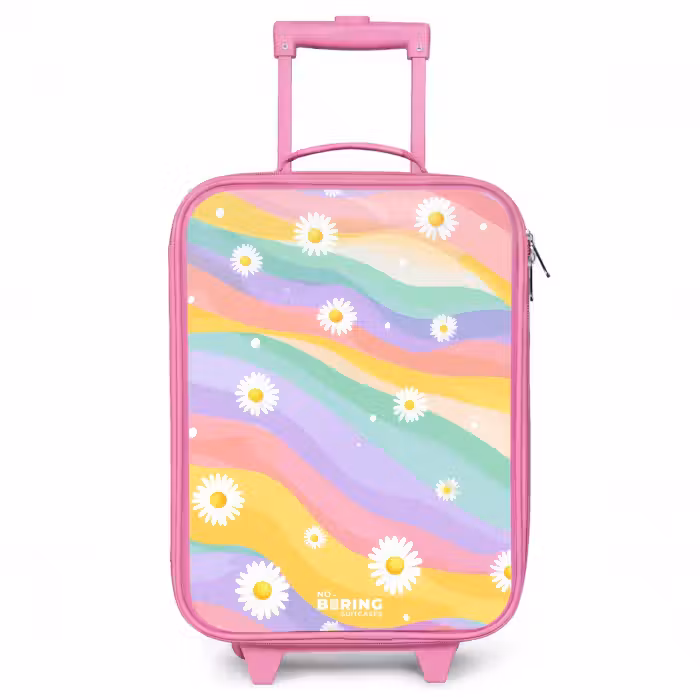 Kinderkoffer - Roze - Madeliefjes op regenboogachtergrond