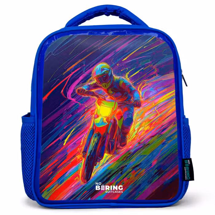 Kinderrugzak - Blauw - Crossmotor - Neonkleuren - Lijnen - Helm