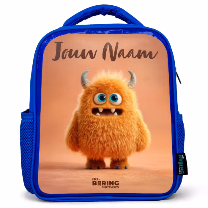 Kinderrugzak met naam - Blauw - Oranje Pluizig Monster met Hoorns