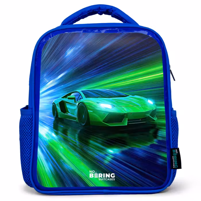 Kinderrugzak - Blauw - Raceauto - Felgroen - Lichtstralen - Snelheid
