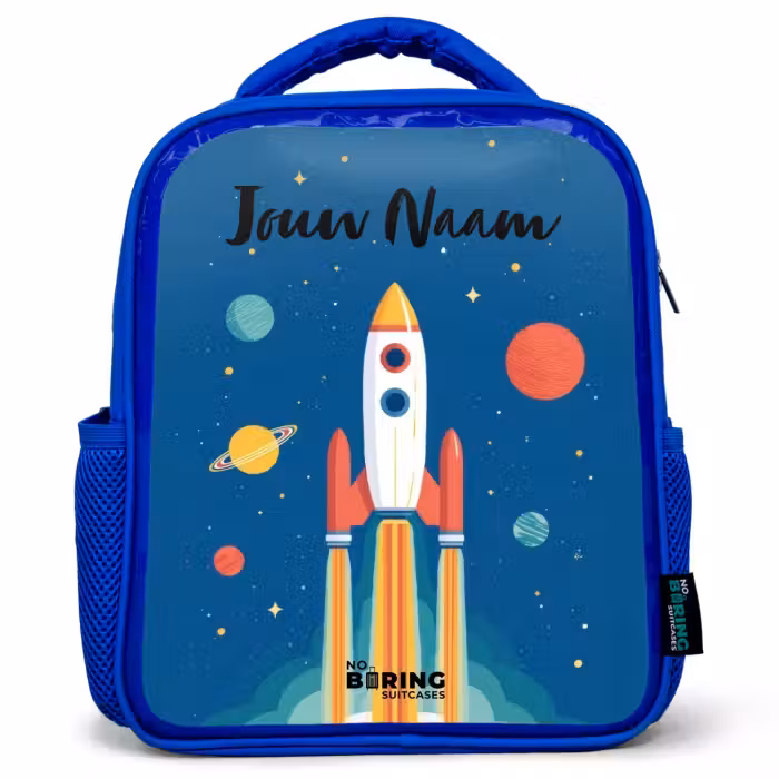 Kinderrugzak met naam - Blauw - Raket - Planeet - Sterren - Veelkleurig