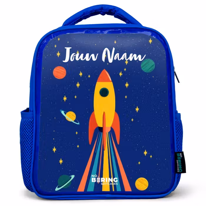 Kinderrugzak met naam - Blauw - Raket - Sterren - Planeet - Ruimte