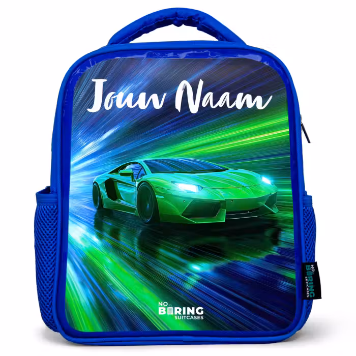 Kinderrugzak met naam - Blauw - Sportauto - Groen - Snelheidslijnen - Neon