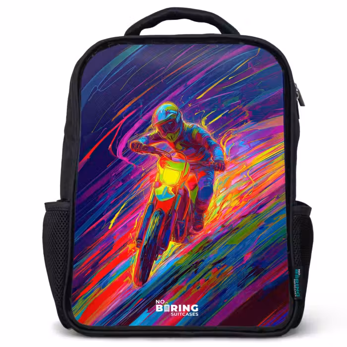 Kinderrugzak - Zwart - Crossmotor - Neonkleuren - Lijnen - Helm
