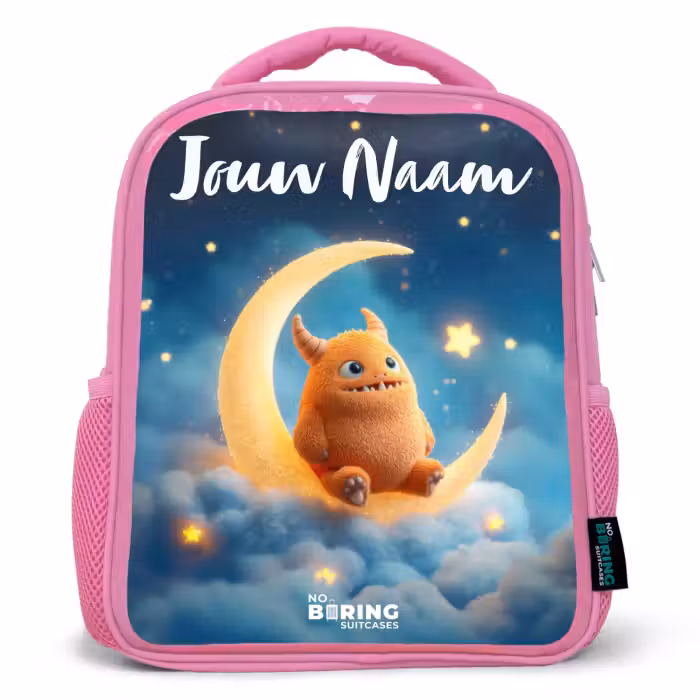 Kinderrugzak met naam - Roze - Oranje monster op maansikkel
