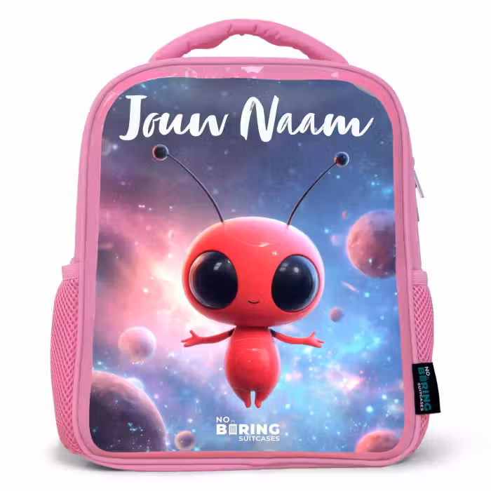 Kinderrugzak met naam - Roze - Rood Ruimtewezen in Kosmische Dans