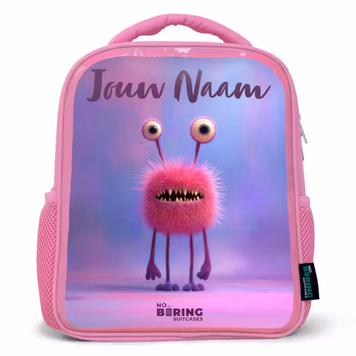 Kinderrugzak met naam - Roze - Roze harig monster met grote ogen