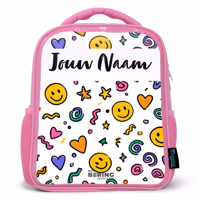 Kinderrugzak met naam - Roze - Smiley - Hartje - Ster