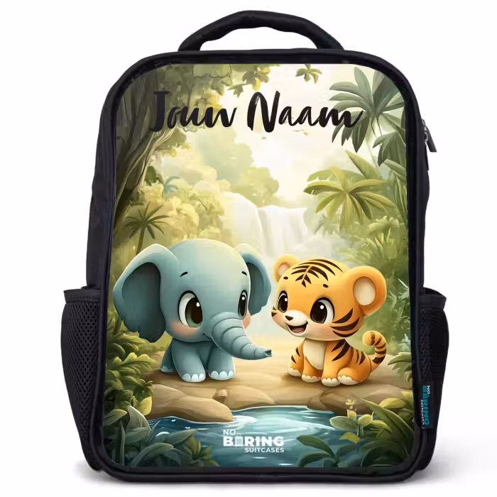 Kinderrugzak met naam - Zwart - Olifant - Tijger - Bos - Jungle