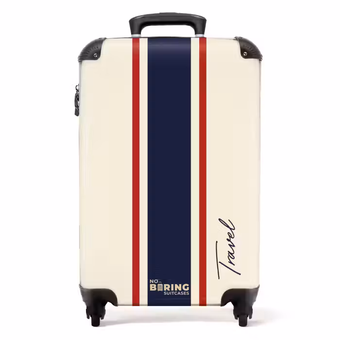 Koffer - Crèmekleurige achtergrond met centrale tricolor baan en tekst Travel