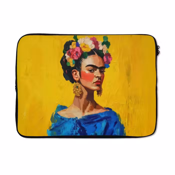 Laptophoes - Frida Kahlo - Vrouw - Geel - Blauw - Bloemen