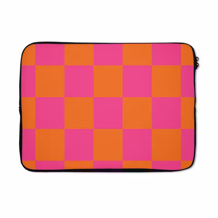 Laptophoes - Schaakbord print - Oranje - Roze - Blokjes