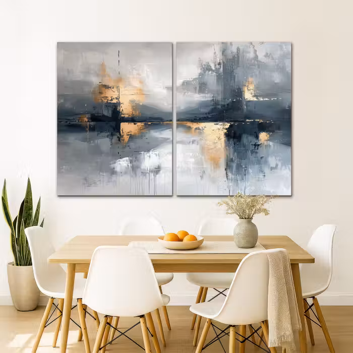 Meerluik schilderij -  2 luiken - Abstract - Grijs - Goud - Modern