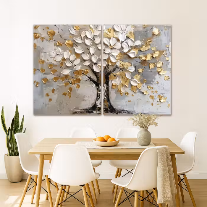 Meerluik schilderij -  2 luiken - Boom - Wit - Goud - Verflook
