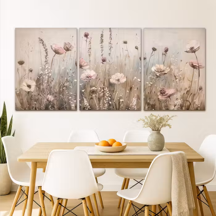 Meerluik schilderij -  3 luiken - Bloemen - Beige - Modern - Roze