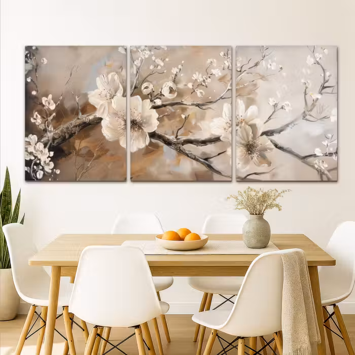 Meerluik schilderij -  3 luiken - Bloesem - Beige - Abstract - Bloemen