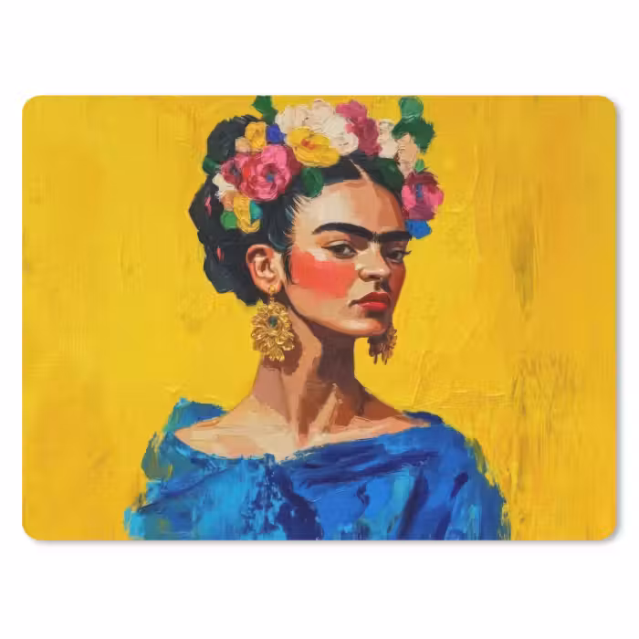Muismat - Frida Kahlo - Vrouw - Geel - Blauw - Bloemen
