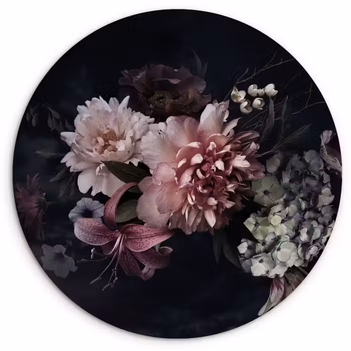 Muurcirkel - Bloemen - Vintage - Pastel - Zwart - Boeket